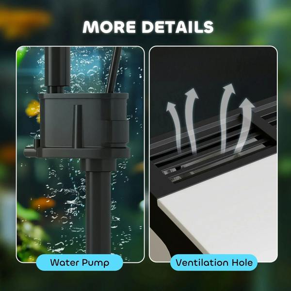 Aquarium filter pump and ventilated lid underside detail in a compact glass tank