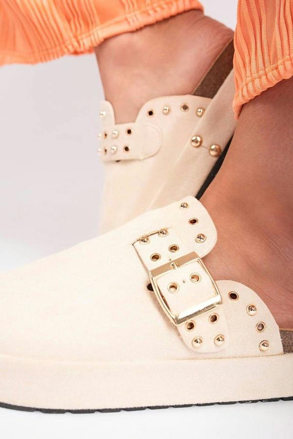 Laina Studded Buckle Slip-on Sandals - Biege