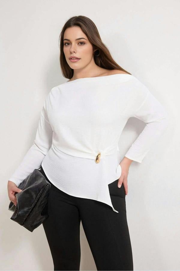 WOVCOR Gold Accessory Asymmetrical Collar Long Sleeve Woven Plus Size Blouse