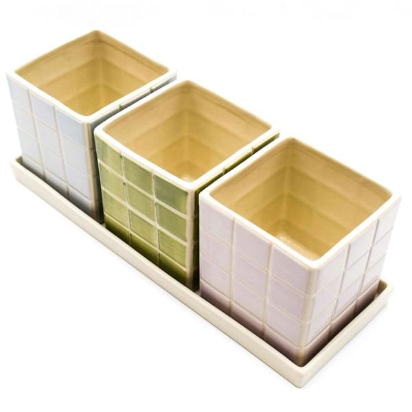 Upper Street Cool Pastel Tile Ceramic Planters, Set of 3, with Tray