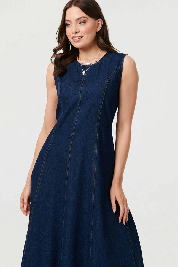 Blue | Denim Sleeveless Midi A-Line Dress