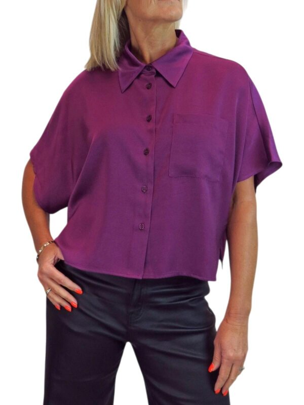 Paulo Due Women's Cropped Satin Shirt Short Sleeve Batwing Blouse - Deep Plum