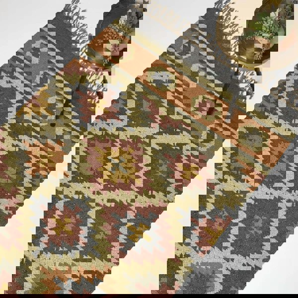 HOMESCAPES Lucea Orange & Blue Kilim Wool Rug