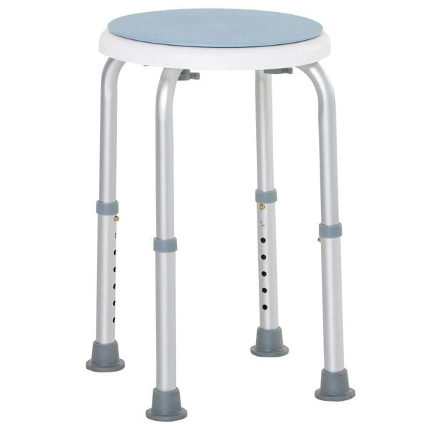 Light blue round shower stool with white legs and adjustable height supports.