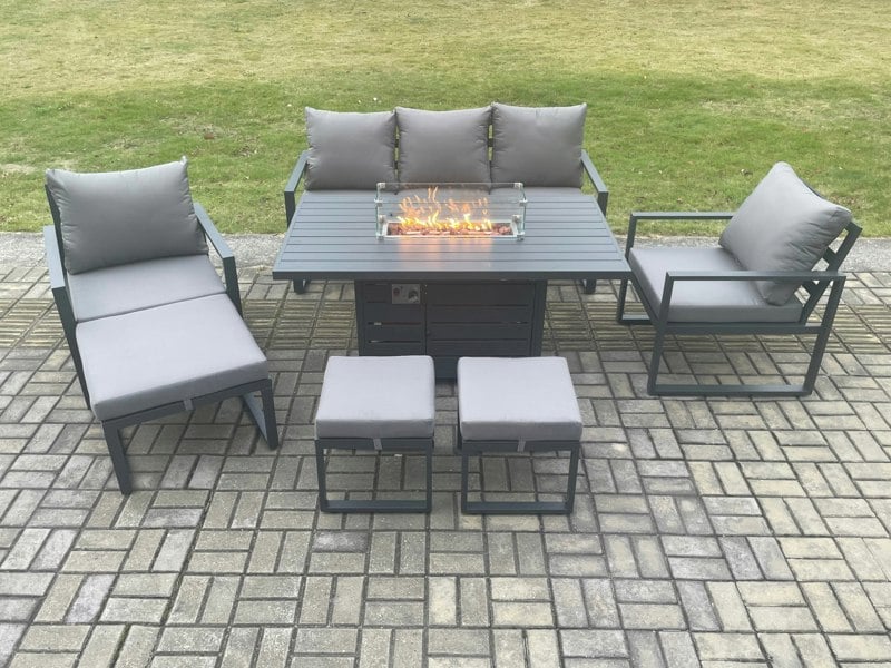 Fimous Aluminium Patio Outdoor Garden Furniture Lounge Sofa Set Gas Fire Pit Dining Table with 3 Footstools Dark Grey