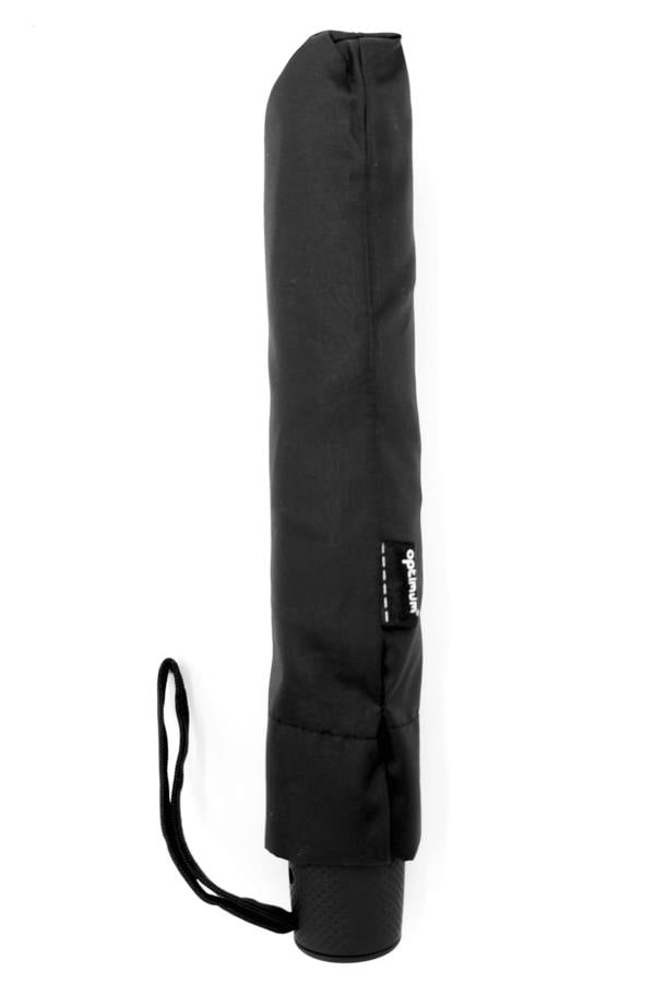 Folded black Optimum compact umbrella in sleeve with wrist strap and logo tab, upright on white - Optimum