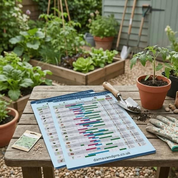 Gardener holding A4 allotment planting schedule guide while checking vegetable raised beds.