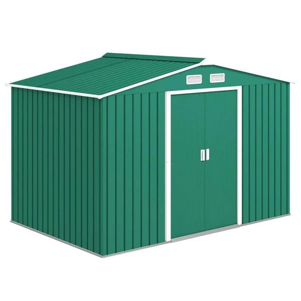Green metal garden shed with double doors and gabled roof, vented panels on side
