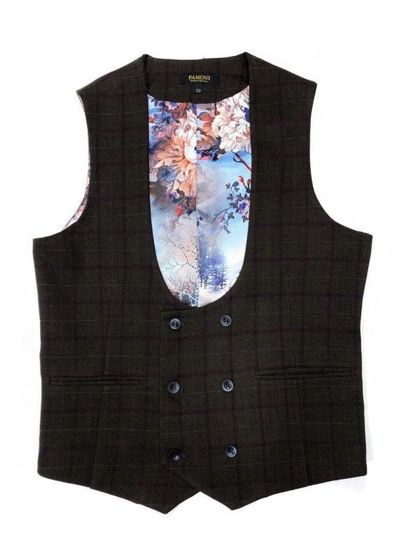 Brown Burgundy Check Tweed Blazer With Matching Waistcoat - Pamoni