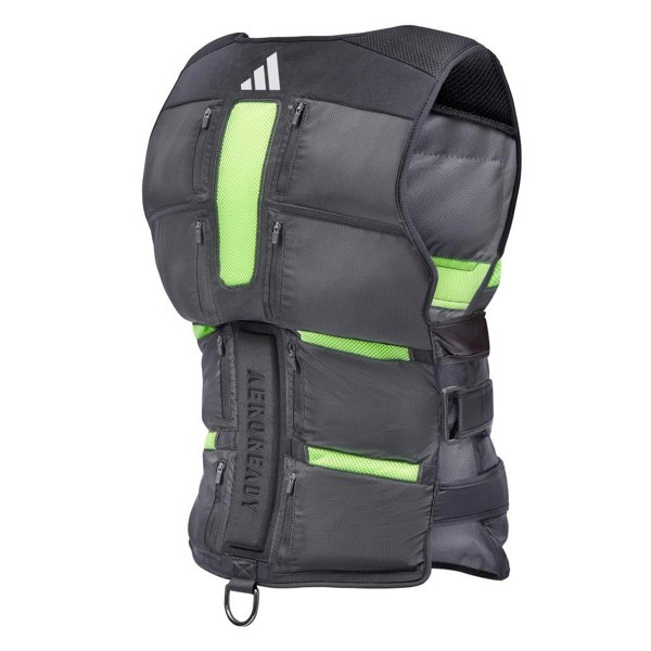 Black and green back protector vest with Adidas logo on a white background