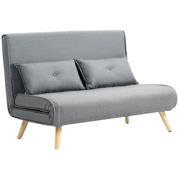 Grey linen-look two-seater sofa bed with two back cushions and folded armrests, wooden legs