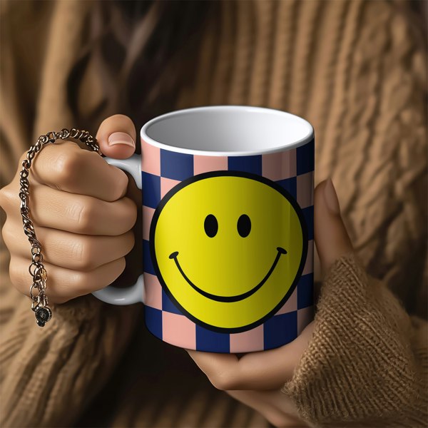 Checkerboard Checkmate Smiley Mug in Peach Fuzz - Love Frankie