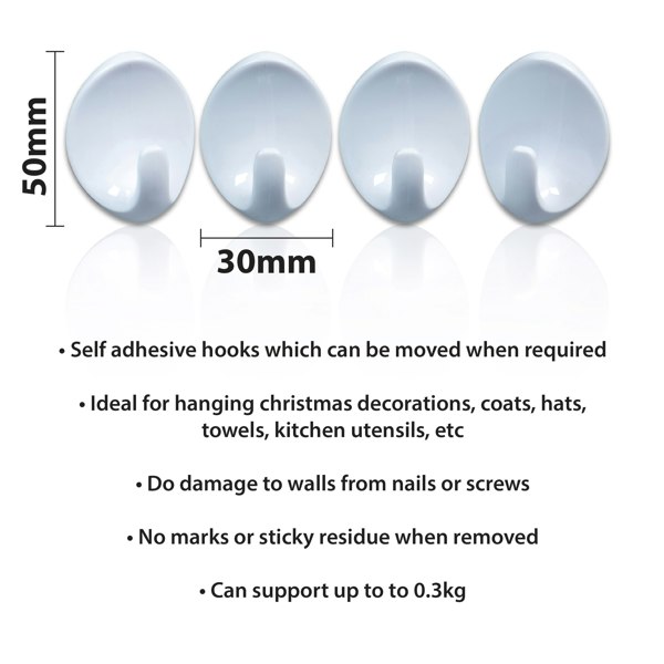St Helens Self Adhesive Oval Shaped Plastic Hooks (Pack of 4)