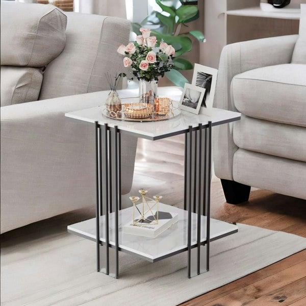 Rafaelo Mobilia 2 Tier Square Faux Marble Side Table Black