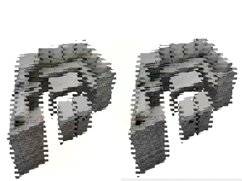 Fimous Outdoor Rattan Oblong Coffee Table Corner Sofa Sets Garden Furniture Set with 2 Chairs 2 Small Stools Side Table Dark Grey Mixed