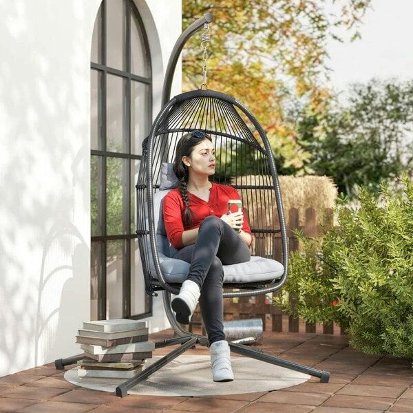 Bobobiy Rattan Hanging Egg Chair with Stand, Foldable Wicker Swing Egg Chair with Cushion, Steel Frame, Hammock Chair, Capacity 150 kg, Dark Grey