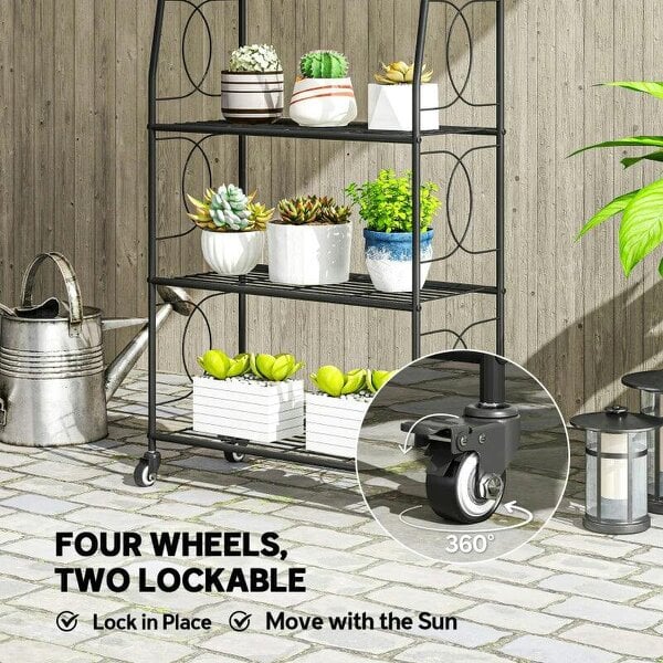 Bobobiy 4-Tier Metal Plant Stand, Heavy Duty Ladder Shelf Potted Plants Display Rack with Lockable Wheels