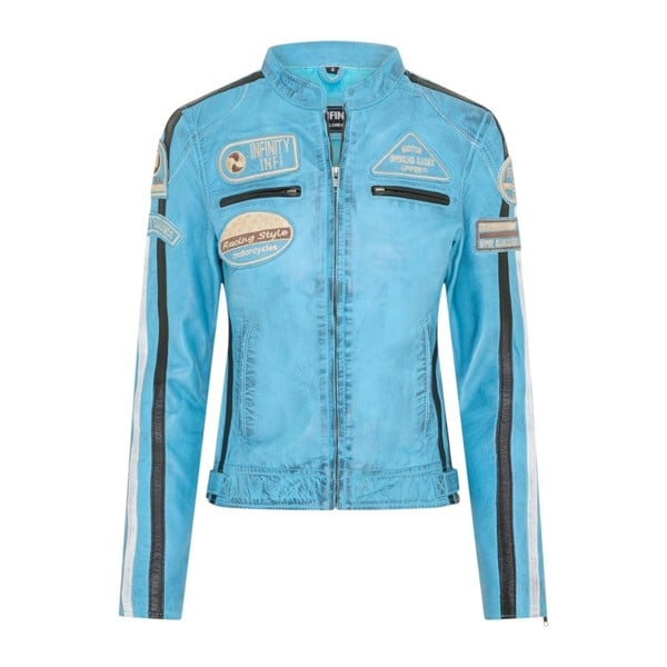 Infinity Leather Womens Leather Biker Racing Badges Jacket-Agadir - Baby Blue