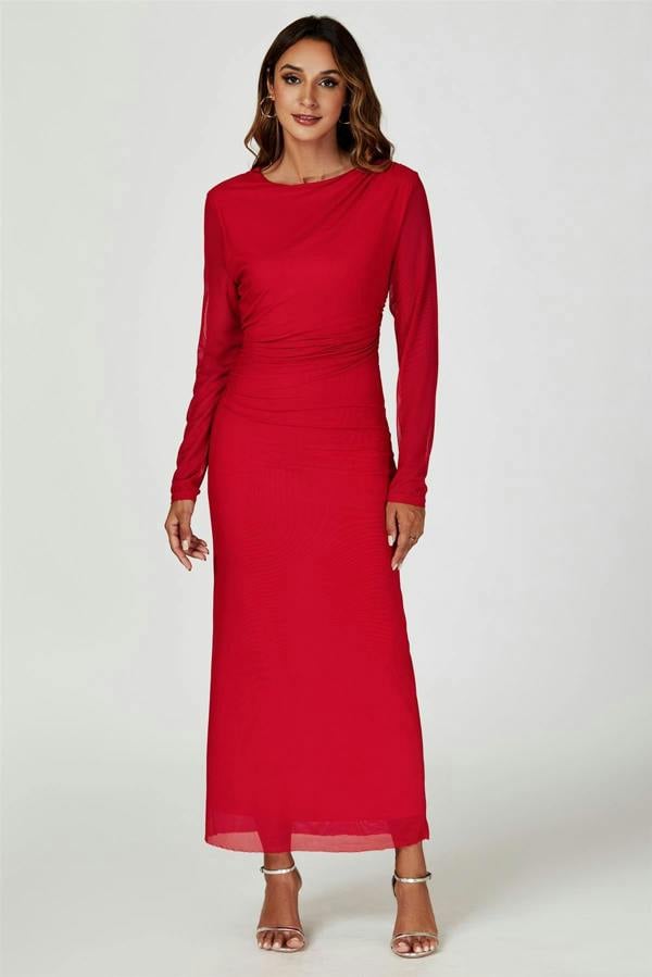 FS Collection Long Sleeves Mesh Midi Dress In Red