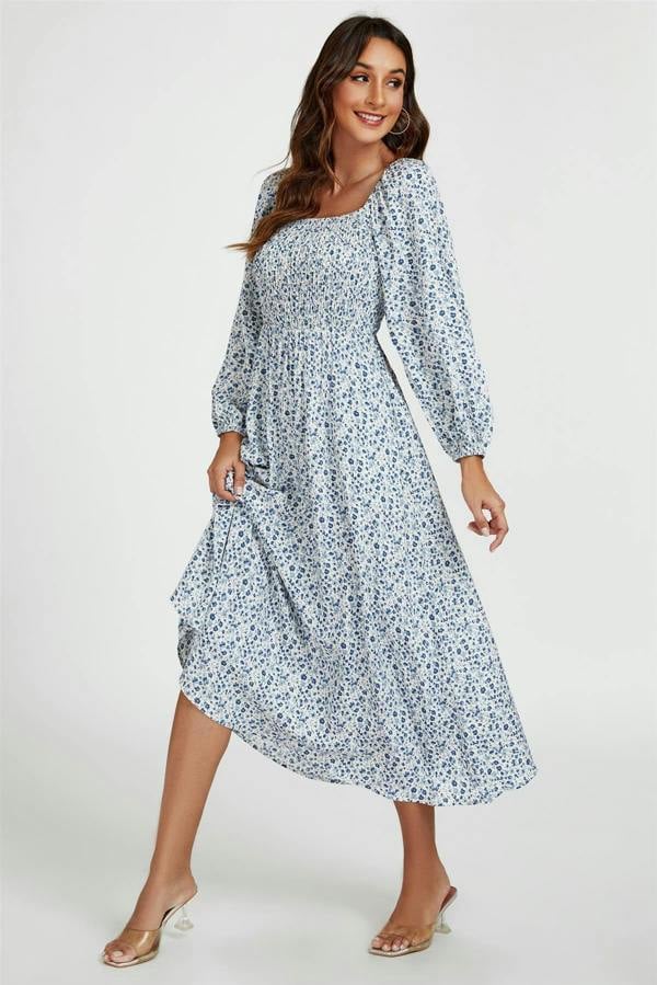 FS Collection Floral Print Square Neck Maxi Dress In Light Blue