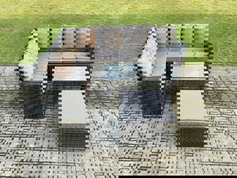 Fimous 7 Seat Rattan Garden Furniture Corner Sofa Set Outdoor Patio Sofa Table Set with Big Footstool Dark Grey Mixed