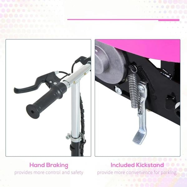 Pink foldable electric kids scooter with close-up hand brake and included kickstand