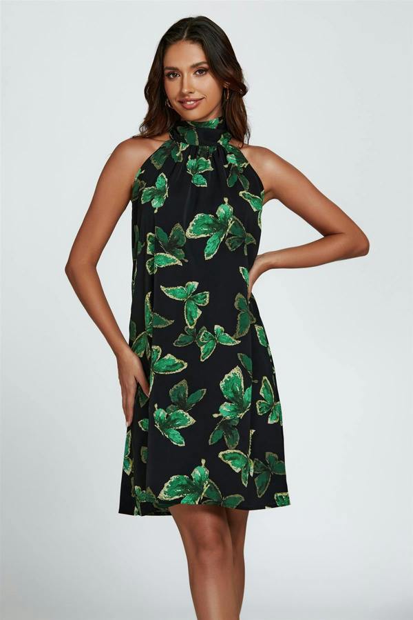 FS Collection Butterfly Print Halter Neck Tie Back Mini Dress In Green