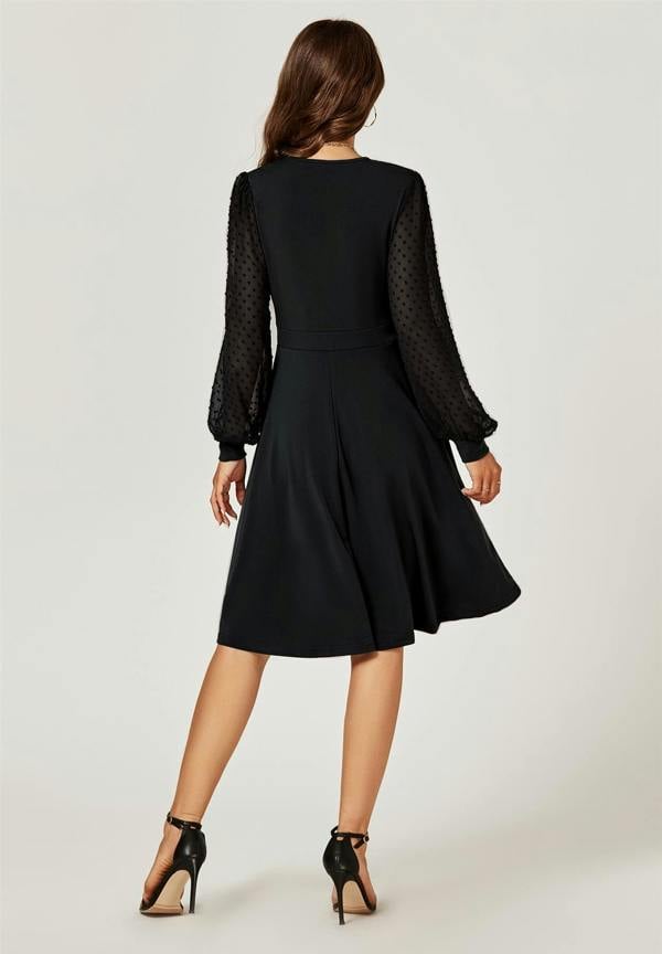 FS Collection Long Chiffon Sleeve Pleated Midi Dress In Black
