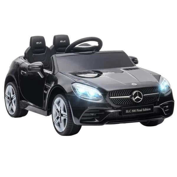 Black kids electric ride-on car with LED headlights, steering wheel, and two seats