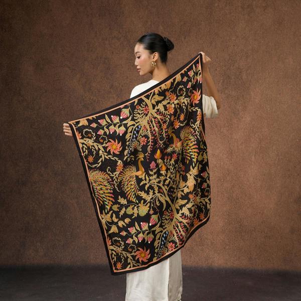 Phoenix Garden Wool Silk Scarf – Black Floral Wrap, Hand-Rolled Hem, Winter Gift
