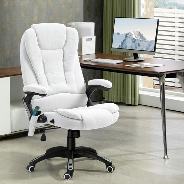 Vinsetto Office Chair w/ Heating 6-Point Massage Relaxing Reclining Grey - White - Linen-feel fabric