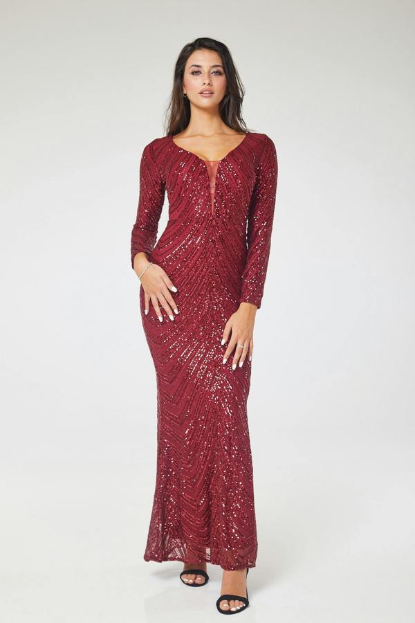 LuvForever Zoya - Wine Long Sleeve Sequin Maxi Dress