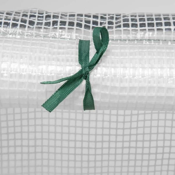 Transparent PE greenhouse cover tie strap with green ribbon detail