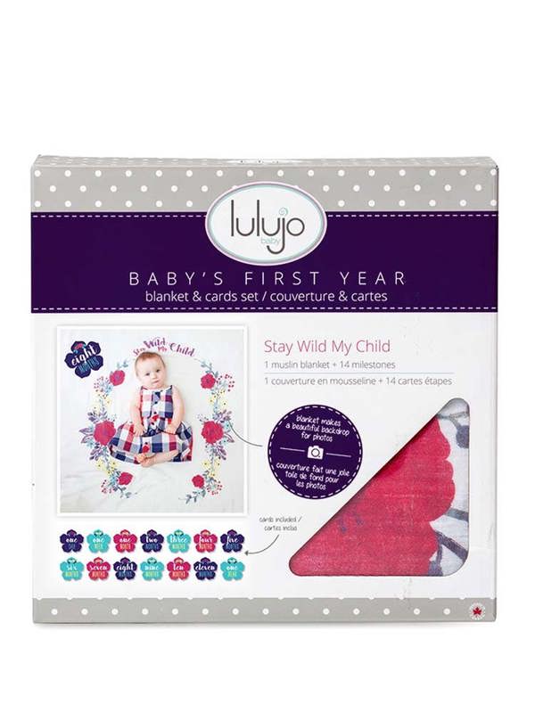 Lulujo - Baby's First Year Gift Set - Cotton Swaddle & Cards - Stay Wild My Child