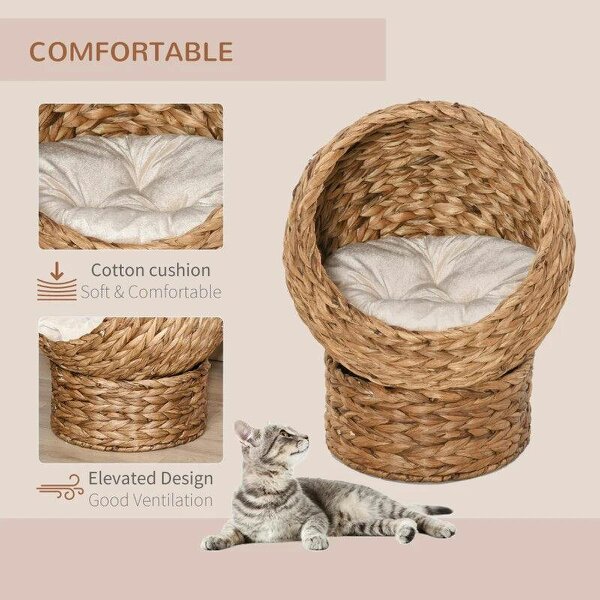 Woven Banana Leaf Elevated Cat Bed Wicker Kitten Basket Pet Den, House Cosy Cave with Soft Cushion Dome 50x42x60cm Brown