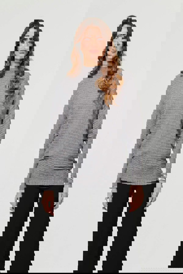 Grey | Striped Texture High Neck Relaxed Jumper
