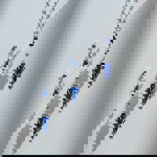 Gemondo Art Deco Style Triangle Lapis Lazuli & Marcasite Drop Earrings in 925 Sterling Silver