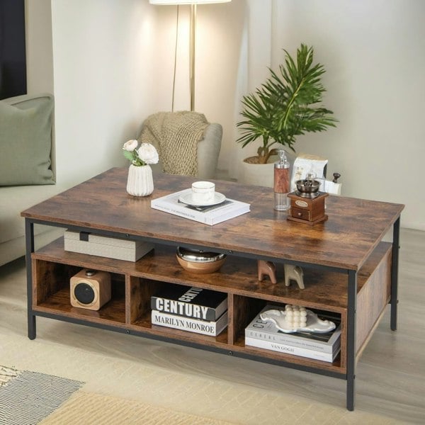 Rafaelo Mobilia Industrial Wooden Coffee Table With Storage Shelves