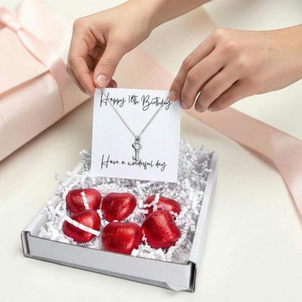 Aye Do Gifts 18th Birthday Key Necklace Gift Box, Jewellery & Chocolate Treats