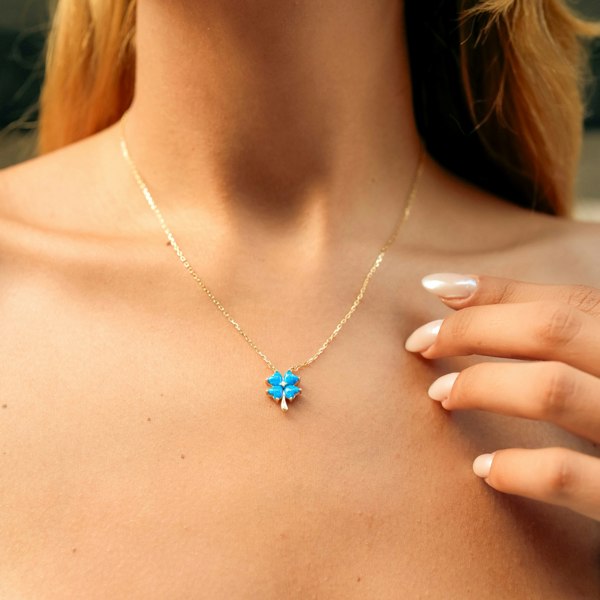 Spero London Blue Opal Four Leaf Clover Sterling Silver Necklace & Earring Set