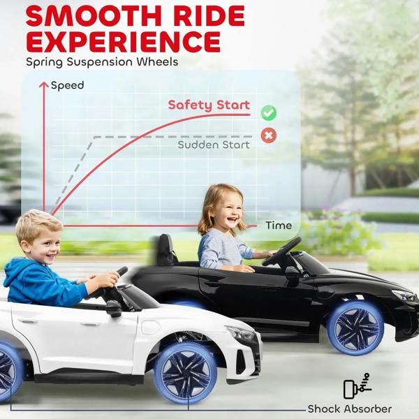 Black kids electric ride-on car with spring suspension wheels, shown with children