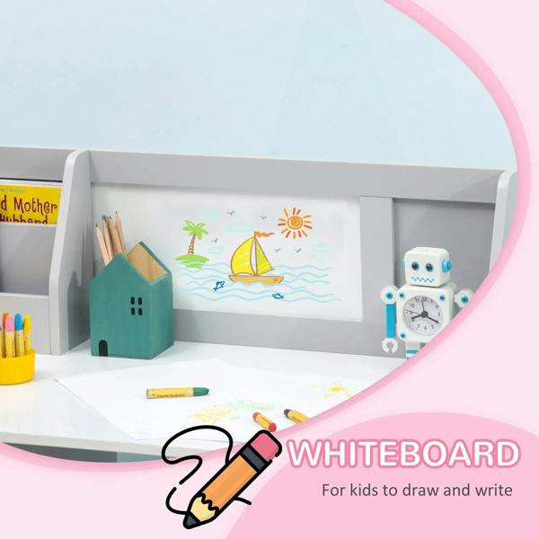 Close-up of grey kids whiteboard desk with sail drawing and markers