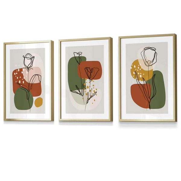Artze Wall Art Floral Set of 3 Autumn Boho Framed Prints in Orange and Green