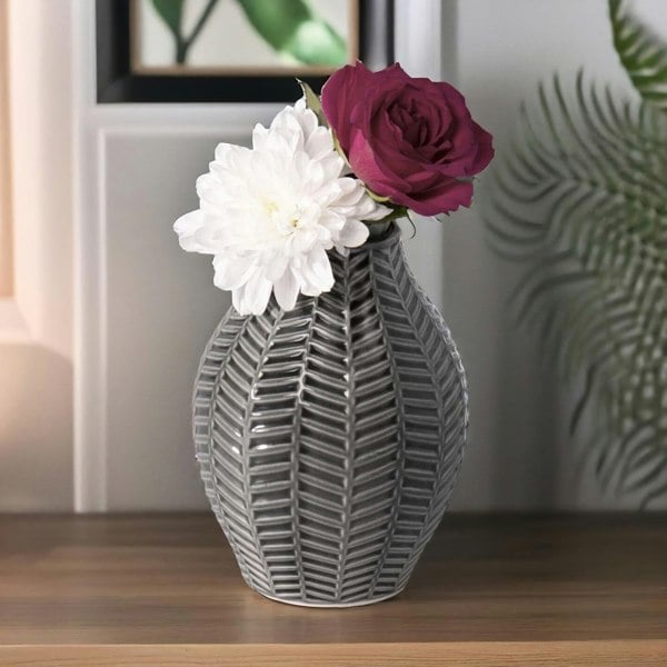 Set Of 2 Grey Leaf Ceramic Vase - Rafaelo Mobilia