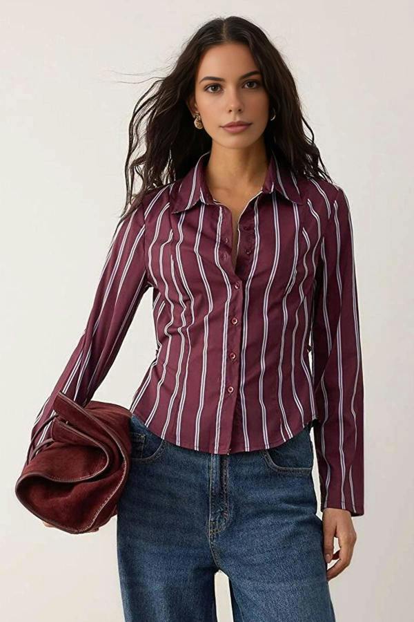 WOVCOR Striped Shirt with Adjustable Waist and Wide Sleeves