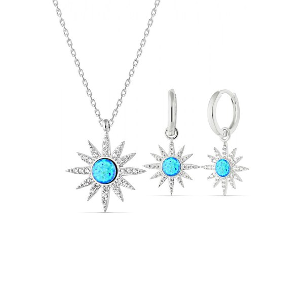 Spero London Blue Opal Sun Sterling Silver Necklace and Earring Set