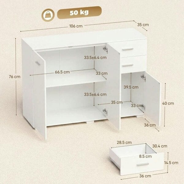 Sideboard, Modern Storage Cabinet with 2 Drawers, 3 Doors and Adjustable Shelves, White