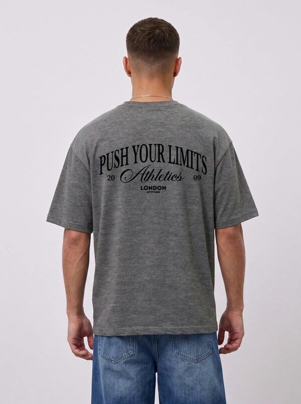 London Attitude Push Your Limits Oversized Heavyweight T-Shirt in Black Print - Graphite heather