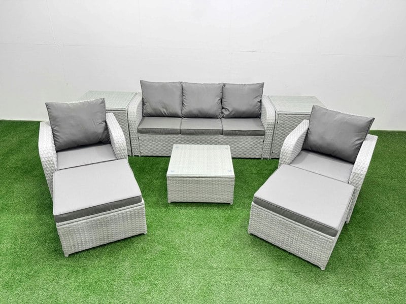 Fimous PE Rattan Garden Furniture Set Reclining Chair Sofa Lounge Sofa Set Square Coffee Table 2 Side Table 2 Big Footstool Light Grey
