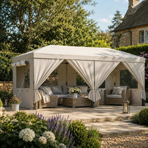 3 x 6 m Pop Up Canopy with UV50+ Protection Garden Gazebo with 6 Sidewalls, White - White